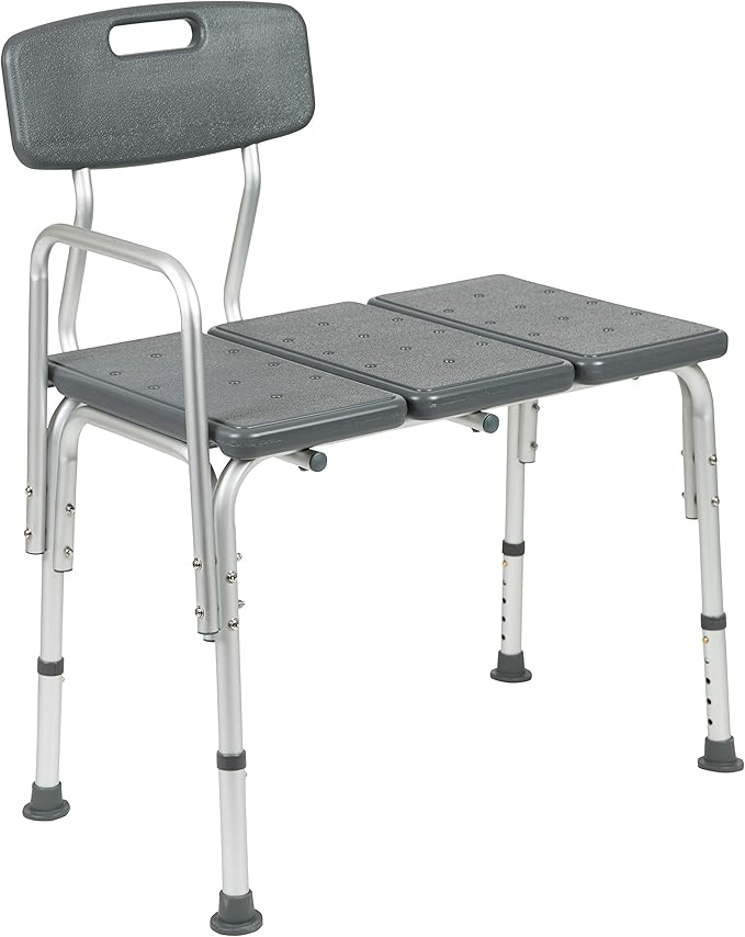 Flash Furniture HERCULES Series 300 Lb. Capacity Adjustable Gray Bath & Shower Transfer Bench with Back and Side Arm