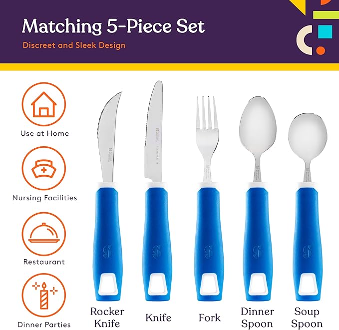 Special Supplies Adaptive Utensils 5-Piece Set Non-Weighted, Non-Slip Handles for Hand Tremors, Arthritis, Parkinson’s or Elderly Use - Stainless Steel Knife, Rocker Knife, Fork, Spoons - Blue