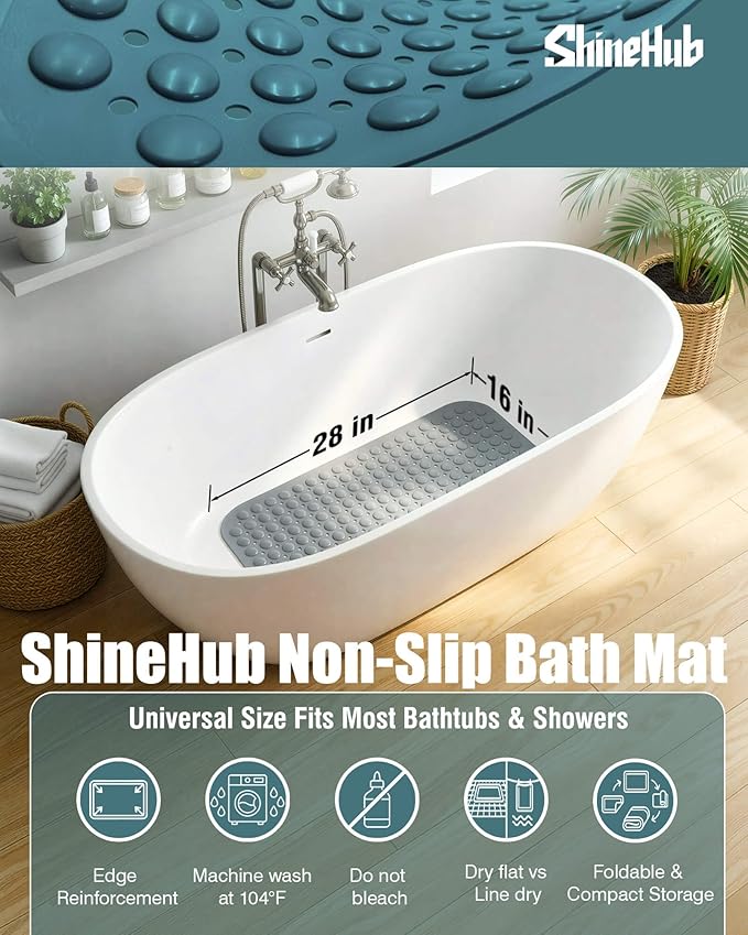 7mm Extra Thick TPE Bath Mat, Non-Slip Shower Mat for Bathroom and Tub, 28x16 Inch with Drainage Holes and Stability Grip, Machine Washable, Mist Pine Gray