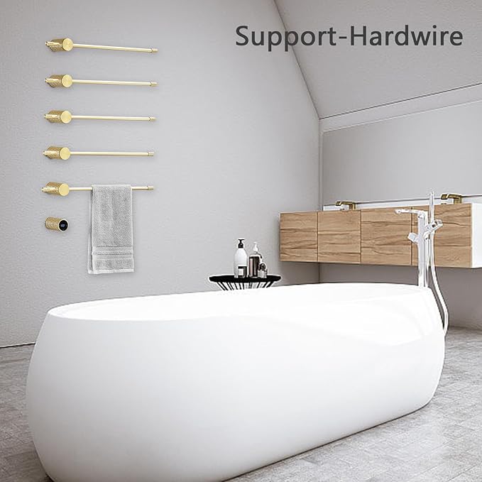 Towel Warmer Rack, Gold 5-Bar Aluminum Alloy, Heated Towel Rack for Bathroom, Hidden wiring/Support Hardwired Heated Towel Rail, With Timer and Temperature Adjustment, Overheat Protection Function
