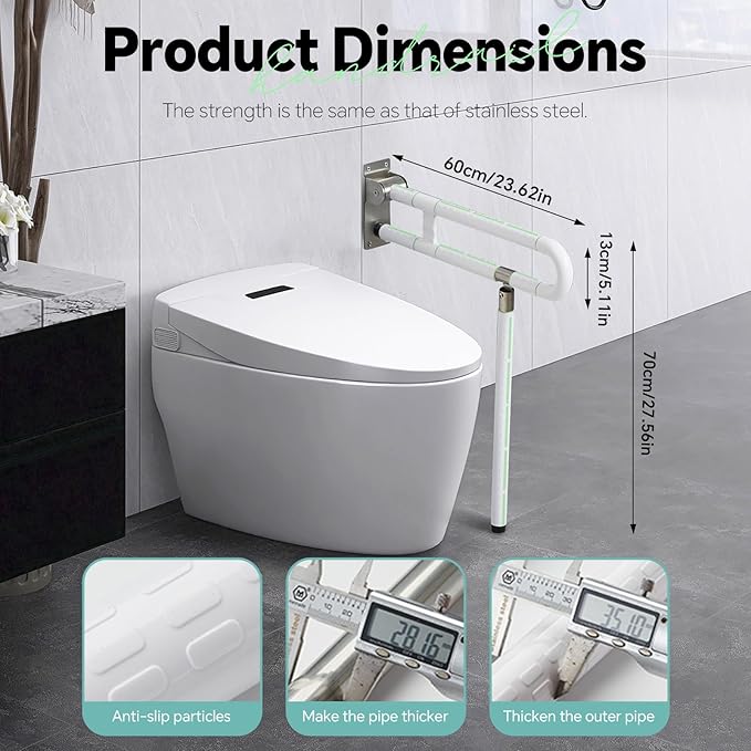 Toilet Grab Bar 23.6 Inch, Anti-Slip Support Rail U Shaped Flip-Up Grab Bar with Luminous, Stainless Steel Handicap Bathroom Safety Handrails for Elderly (White, 23.6 inch with Leg Anti-Slip)
