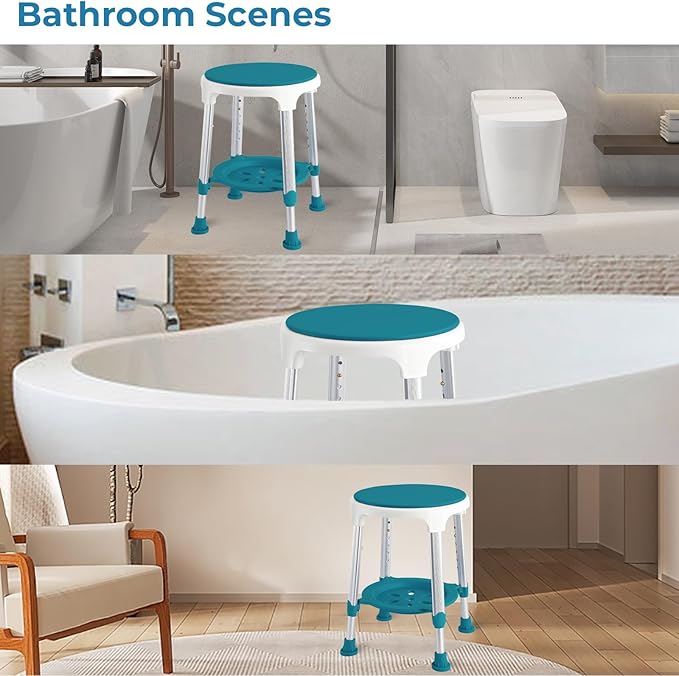 Shower Stool Chair for Inside Shower, Upgrade Small Corner Plastic Stool for Seniors Adult, 360° Swivel Shower Stool Seat for Bathroom, 6-Level Adjustable Height Bath Chair Stools with Shelf