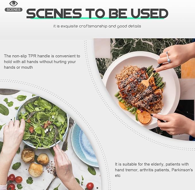 SHERCHPRY Adaptive Utensils Set for Elderly Anti-Skid Stainless Steel Cutlery with Non-Slip TPR Handles for Disabled and Seniors Ergonomic Design for Easy Grip