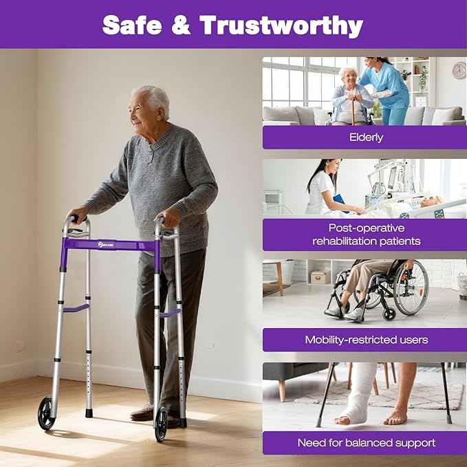 Whlicks Narrow Folding Walkers for Seniors,Aluminum Lightweight Walkers with Wheels, Adjustable Width and Height Front Wheel Walker for Elderly and Disabled, Supports up to 350 lbs