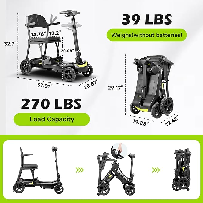 SCOOTNGO Mobility Scooters for Seniors, 4 Wheel Foldable Lightweight Airline Approved Mobility Scooter for Adults, Dual Batteries, Portable, No Assembly Needed (Black Yellow, Standard)