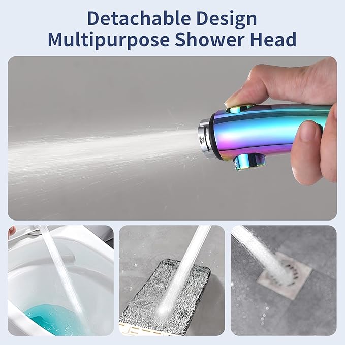 HANLIAN High Pressure Shower Head with Pause Button, 3 Spray Modes Shower Head for RV Camper, Water Saving On Off Shower, Handheld Shower Head with Hose and Holder (Radiant Rainbow)