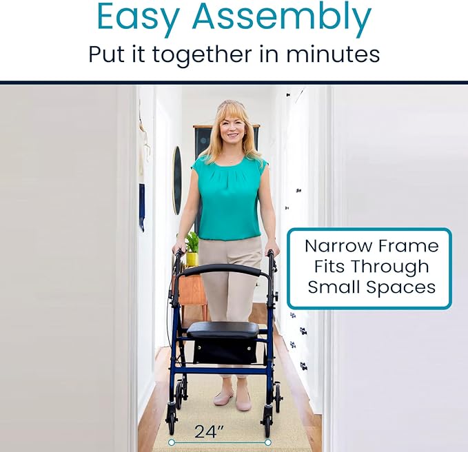 Vive Ultra Lightweight Rollator Walker with Seat - Foldable, Narrow, Rolling Senior Walker for Small Spaces - 4 Wheel Aluminum Adult Easy Drive Aid with Underseat Accessory