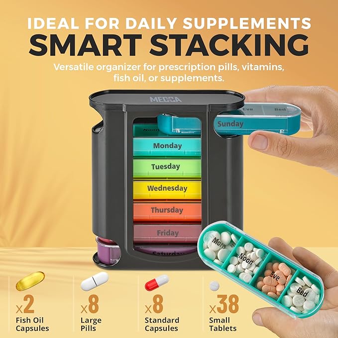 Weekly Pill Organizer, 1 Dispenser, 7 Stackable Compartments Four Times-a-Day - Morning, Noon, Evening, and Bedtime, Black (Case of 40)