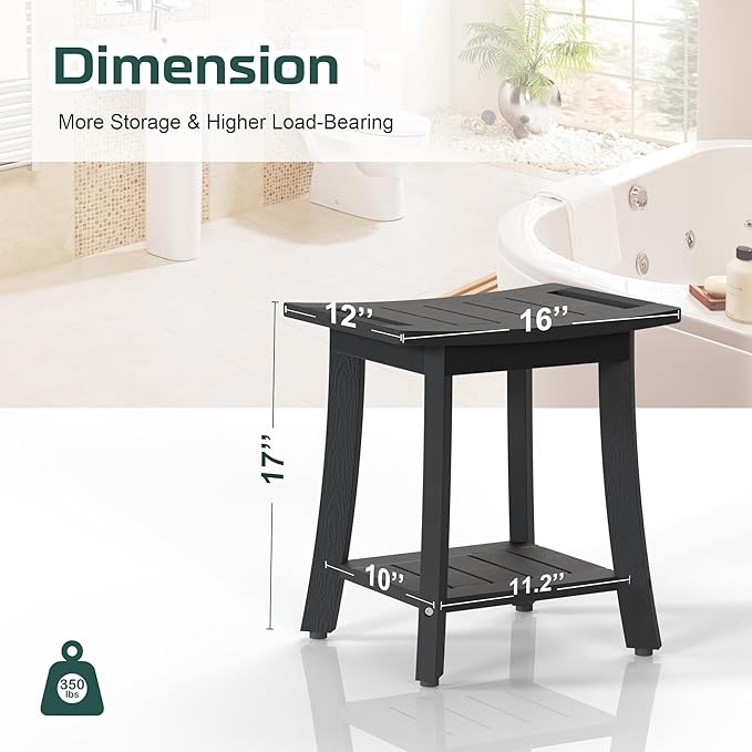 Waterproof Shower Benches for Inside Shower, Poly Lumber Shower Stool with Storage Shelf & Adjustable Feet, SPA Bathroom Seat Chair for Shaving Legs, Indoor or Outdoor Use, Black