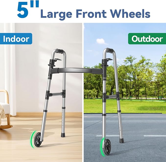 Loyoda Folding Walker with 2 Skis and 5" Wheels, Lightweight Walkers for Seniors and Adults, Supports Up to 350 Pounds, Adjustable Height, Compact Standard Walker, Black