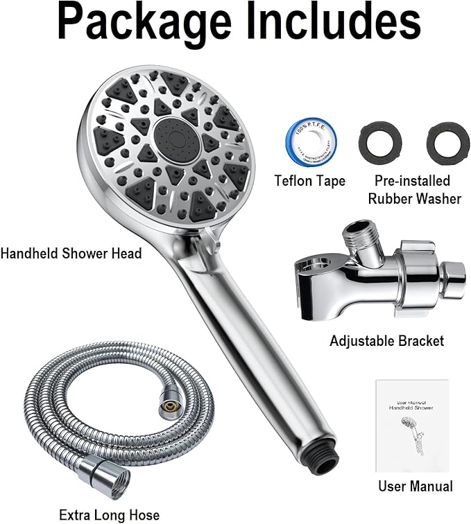 Shower Head With Handheld 7 Settings High Pressure, Built-in Power Wash to Clear Tub, Tile & Pets, 5" High Powerful Hand Held Rain Showerhead with Stainless Steel Hose and Adjustable Bracket