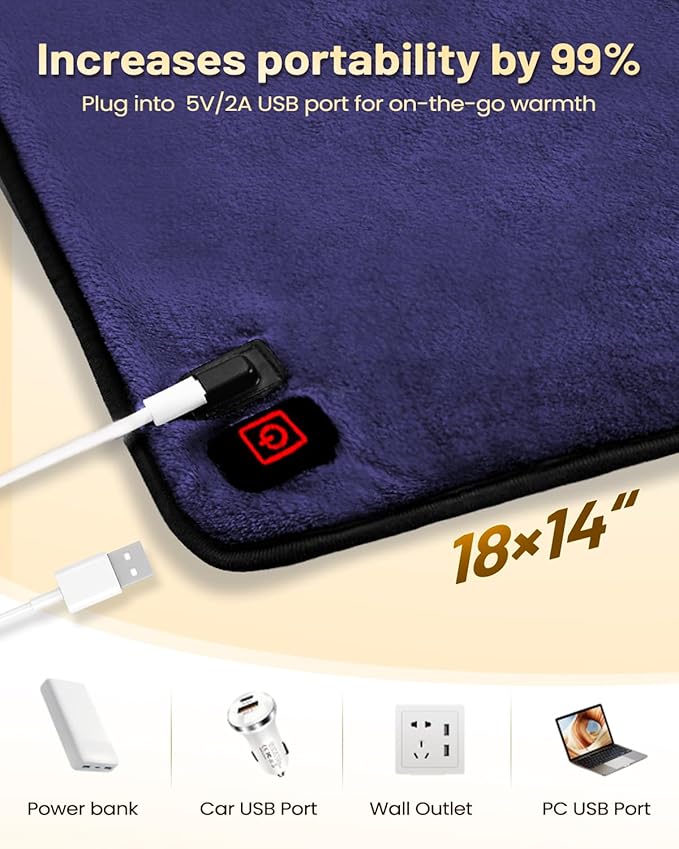 USB Heating Pad, Portable Heating Pad for Travel, 18"x 14" Small 5V Electric Heating Pad, Washable, 3 Heat Settings, Auto Shut Off, Heat Therapy for Period Cramps Back Pain Relief (Plug-in Only)