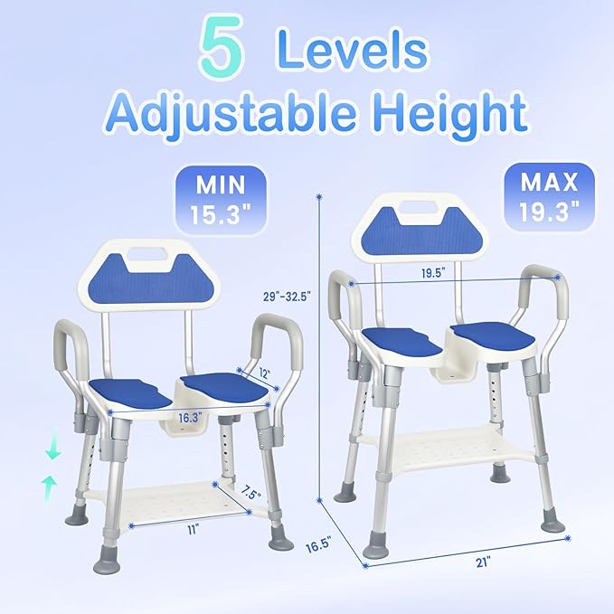 Shower Chair for Inside Shower, U-Shaped Heavy Duty Shower Chair for Elderly and Disabled, Bottom Storage Tray, 300Lbs Shower Stool with Arms and Back, Height Adjustable Seat for Bathtub