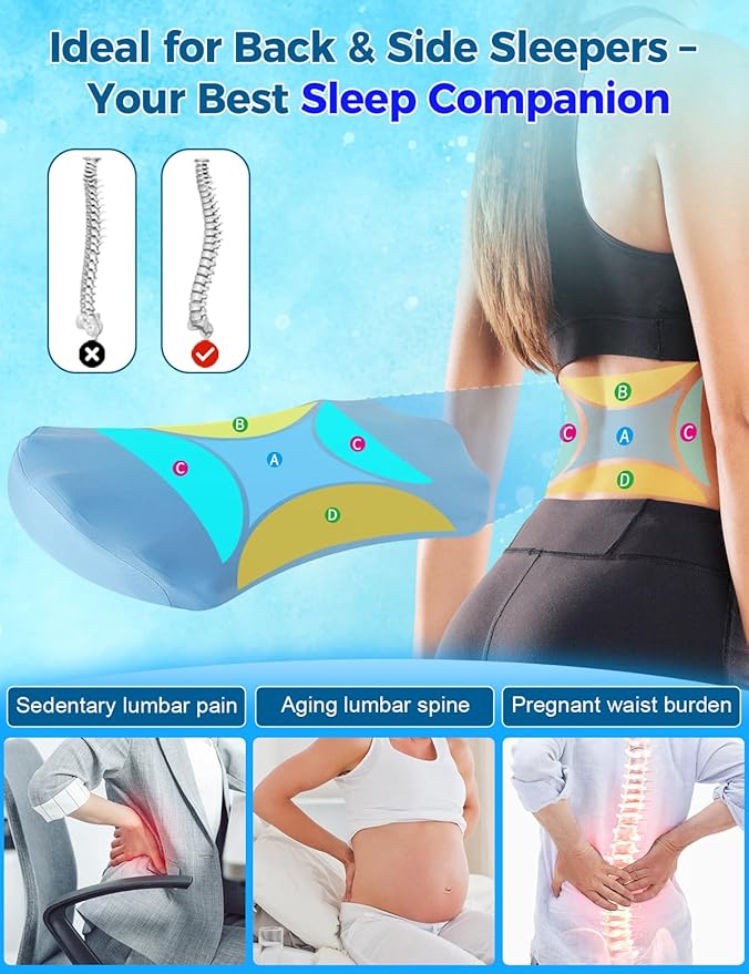 Fledano Lumbar Support Pillow for Bed – Memory Foam Lower Back Pain Relief Pillow for Sleeping, Ergonomic Lumbar Pillow for Side & Back Sleepers, Sciatica & Hip Pain Relief, Washable Cooling Cover