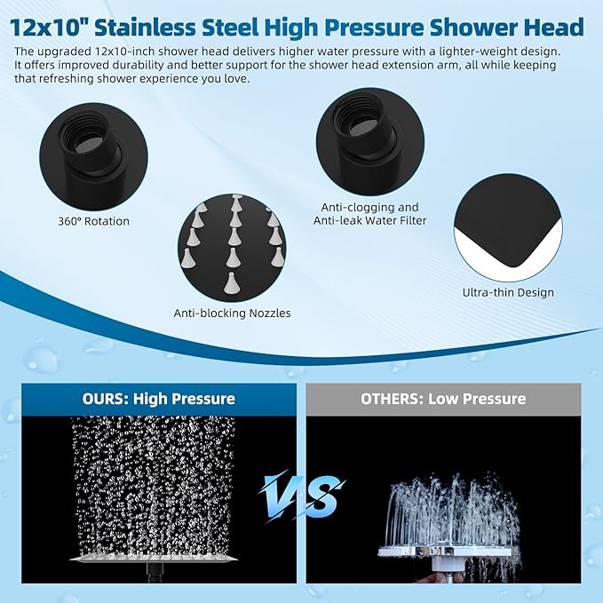 Hibbent All Metal cUPC Certified Shower Head, 12'' High Pressure Rain Shower Head, Handheld Showerhead Combo with 16'' Adjustable Extension Arm, 10 Sprays, 71'' Hose, Showerhead Holder, Matte Black