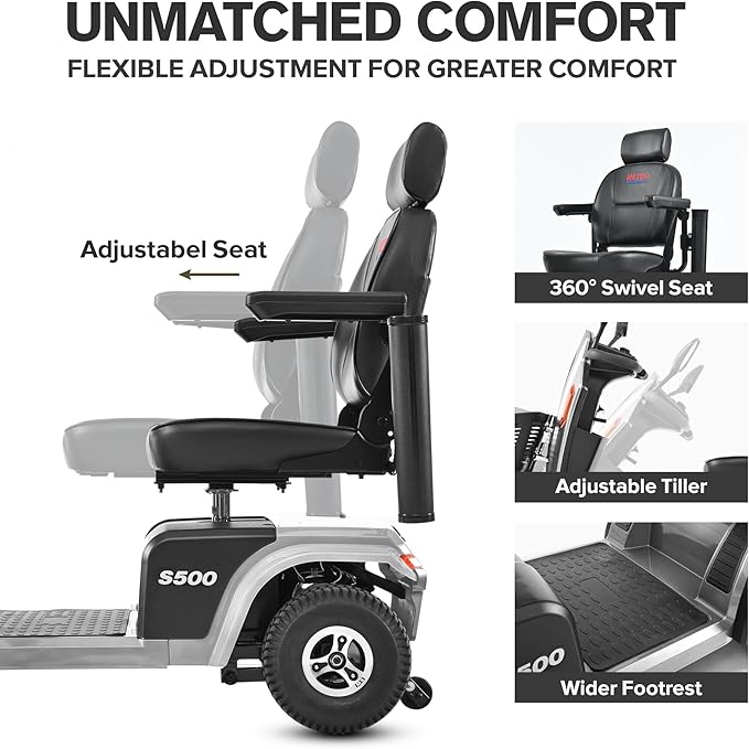 S500 4-Wheel Electric Mobility Scooter, Long-Range 52Ah Battery Up to 25 Miles, 500W Heavy-Duty Motor, 10” Pneumatic Tires, Adjustable Captain Seat, Storage Baskets for Seniors, Grey
