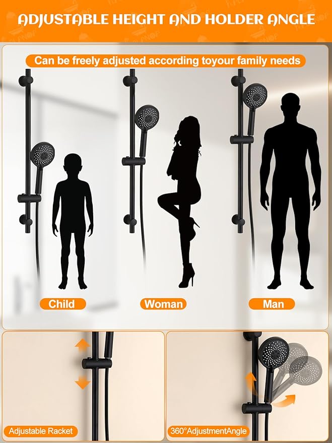 Handheld Shower Head with Slide Bar, 2.5GPM High Pressure 3-Function Adjustable Handheld Shower Head with 59-Inch Hose and Adjustable Holder (Matte Black)