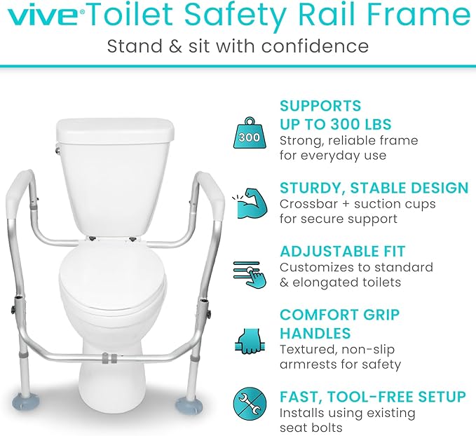 Vive Toilet Safety Rail Frame - Toilet Grab Bars for Elderly, Disabled - Assist Support Rails with Padded Handles - Stand Alone for Bathroom - Adjustable Non Slip for Adults, Seniors, Handicapped