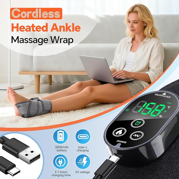 2PCS Cordless Foot Massager for Neuropathy, Foot and Ankle Massager for Pain Relief, 3000mAh Rechargeable Ankle Heating Pad with Massage for Circulation, Gray