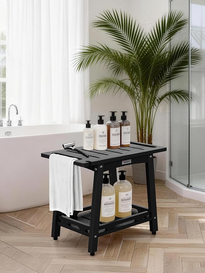22" Large Shower Bench Seat, Non-Slip Shower Benches for Inside Shower to Sit on, HDPE Waterproof Shower Stool, Shower Chair with Adjustable Feet for Bathroom, Indoor/Outdoor Use, Black