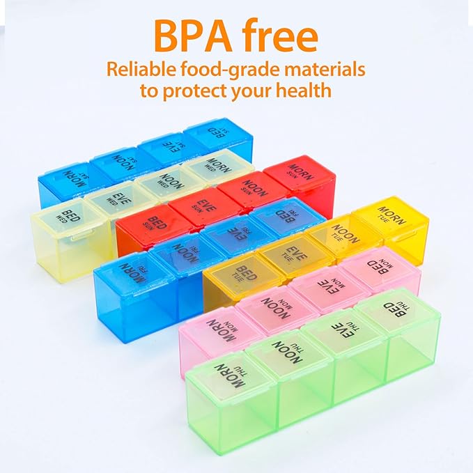 Weekly Pill Organizer 4 Times a Day, 7-Day Pill Boxes, Monthly Medication Organizer 28 Days Portable Compartments & Moisture-Proof Black Outer Case for Vitamins, Fish Oils, Supplements(Color)