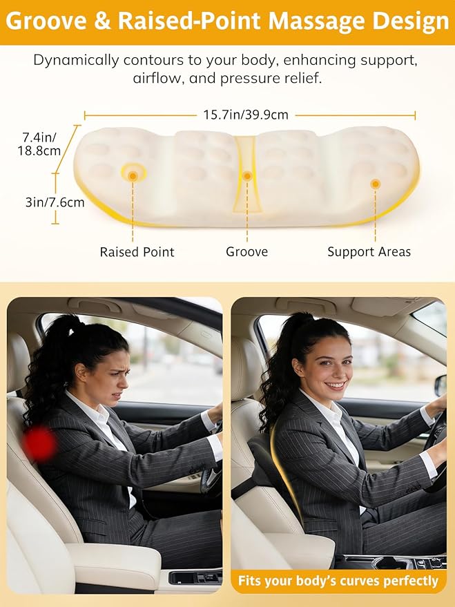 Adjustable Car Seat Lumbar Support Pillow Dual Straps Memory Foam Lower Back Waist Support Cushion with Convex Point Design Removable Cover for Vehicle SUVs Driving Travel Accessories Office Chair