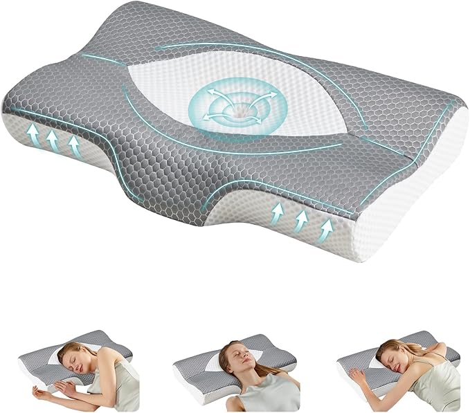 DUMOS Cervical Neck Pillow for Sleeping, Cooling Ergonomic Memory Foam Pillow with Arm Rest Slot and Ice Silk Pillowcase, Dual Height Orthopedic Support Contour for Side, Back, Stomach Sleepers
