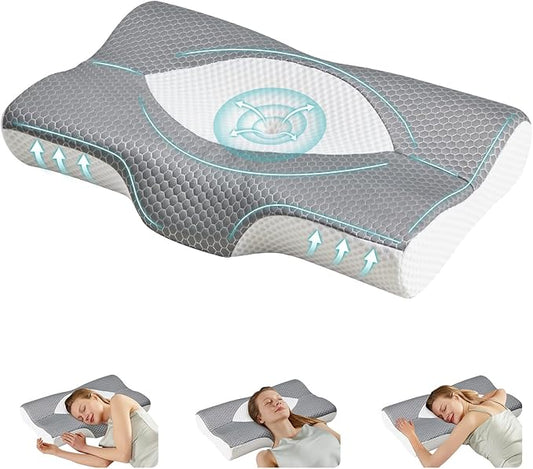 DUMOS Cervical Neck Pillow for Sleeping, Cooling Ergonomic Memory Foam Pillow with Arm Rest Slot and Ice Silk Pillowcase, Dual Height Orthopedic Support Contour for Side, Back, Stomach Sleepers