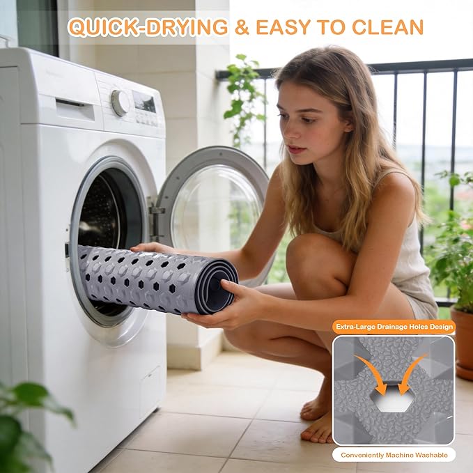 Yimobra Bath Tub Mat Non Slip, 34.5"x15.5" Long Shower Mat, Machine Washable Bathmat with Drain Holes and Suction Cups, Soft on Feet, Bathroom Essentials, Grey