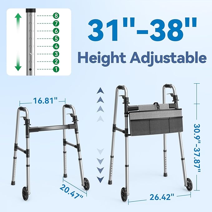 Loyoda Folding Walker with Basket and Glide Skis, 5" Wheels Lightweight Walkers for Seniors and Adults, Supports Up to 350 Pounds, Adjustable Height, Compact Standard Walker