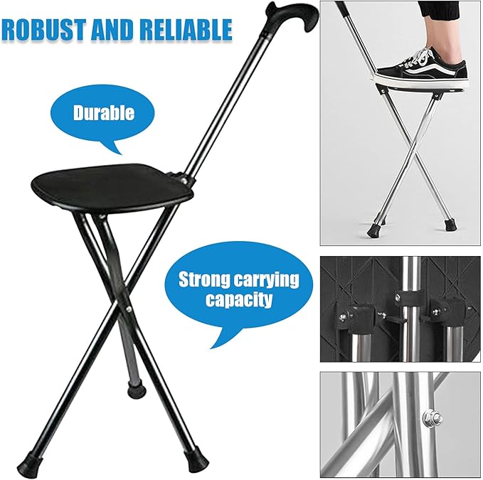 Yayayo Hold 440 lbs Folding Canes with Seat Walking Stick Height Adjustment Cane Seat Capacity Frosted Handle with Magnetic Therapy Stone Crutches Stool