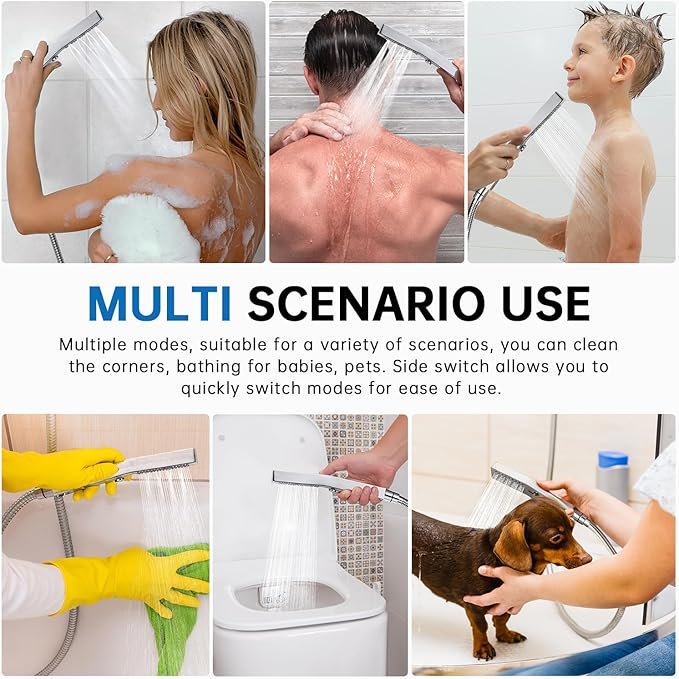 G-Promise All Metal Square 3 Function Handheld Shower Head, Easy and Quick Switch to Massage Mode, Bathroom Shower Wand Design Exquisite Luxury, 2.5 GPM, Chrome