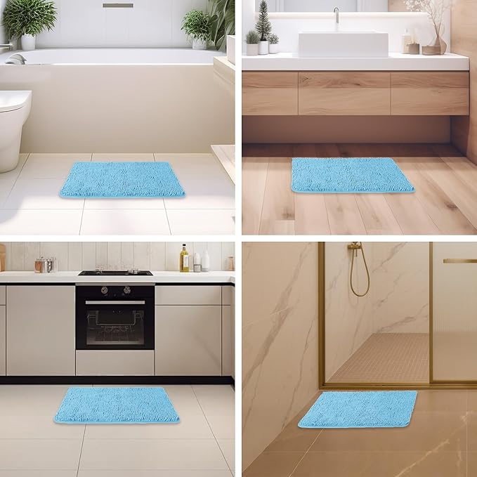 Sky Blue Bathroom Rugs – Absorbent and Washable Bath Mat, Non-Slip, Thick Soft Chenille Bath Rugs for Bathroom Floor, Shower, Sink - 17" x 24"
