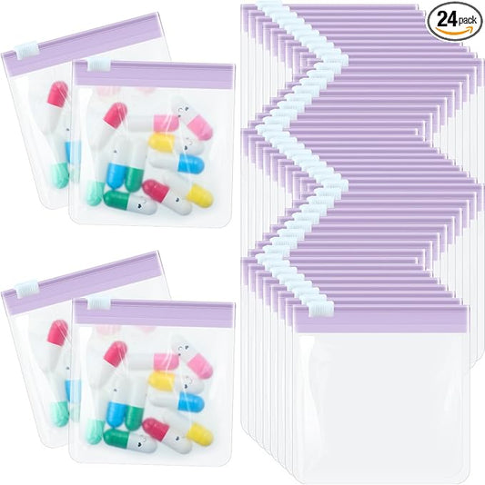 Handepo 24 Pieces Pill Pouch Bags Zippered Pill Pouch Set Reusable Translucent Medicine Organizer Self Sealing Medicine Bag Travel Plastic Pill Bags with Slide Lock Pill Baggies (Light Purple)