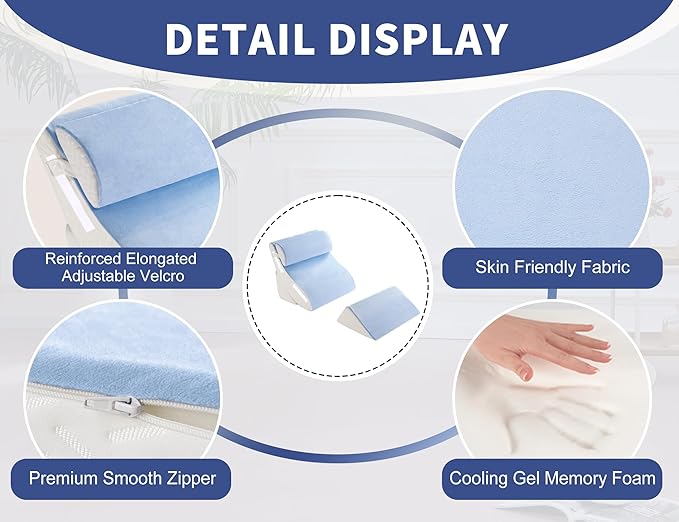WSOFRLAC 4PCS Bed Wedge Pillow for Sleeping and Sitting Up, Orthopedic Memory Foam Pillow Set for Back Pain, Post Surgery Recovery, Acid Reflux, GERD Relief, Triangle Shape, Blue White