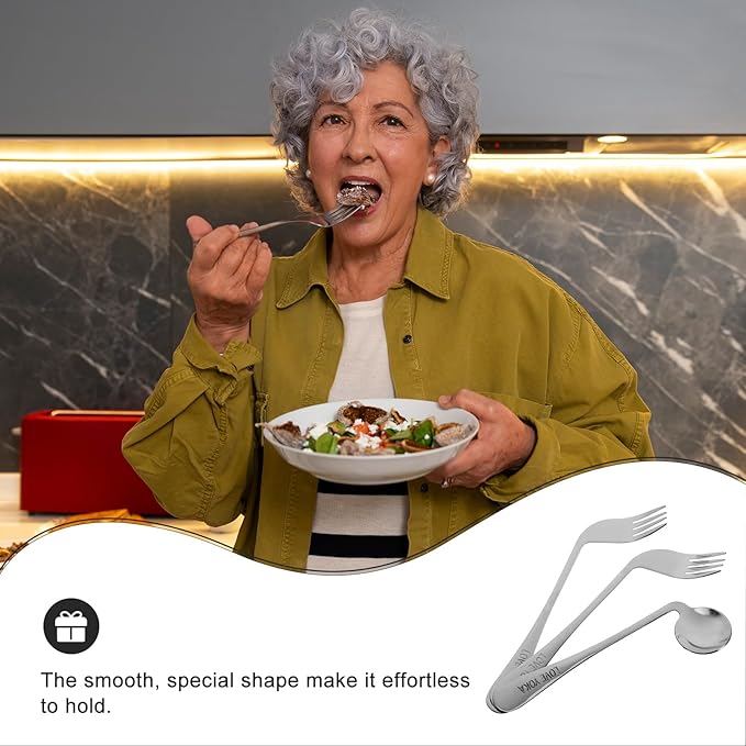 Left Handed Adaptive Utensils Set Stainless Steel Angled Fork and Spoon Easy Hold Offset Spoon Easy Offset Spork for Limited or Weak Grasp Elderly