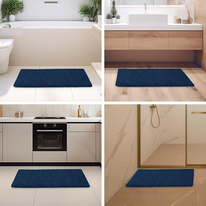 Navy Blue Bathroom Rugs – Absorbent and Washable Bath Mat, Non-Slip, Thick Soft Chenille Bath Rugs for Bathroom Floor, Shower, Sink - 24" x 36"