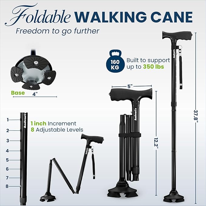 Walking Cane for Men & Women – Foldable, Adjustable, Self-Standing Cane with 360° Pivot Base, Comfortable Grip, Heavy Duty Canes for Women, Collapsible Walking Stick with Travel Bag for Seniors Adults