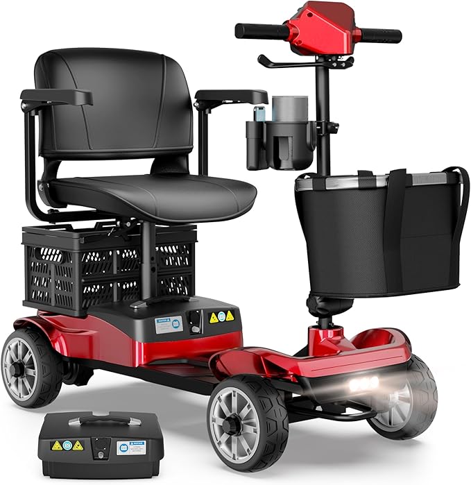 Mobility Scooter for Adults with Spare Battery – 24.8 Miles Total Range, 4-Wheel Foldable Portable Motorized Scooter, 330 lbs Capacity, Dual Baskets, Cup & Phone Holder, Red