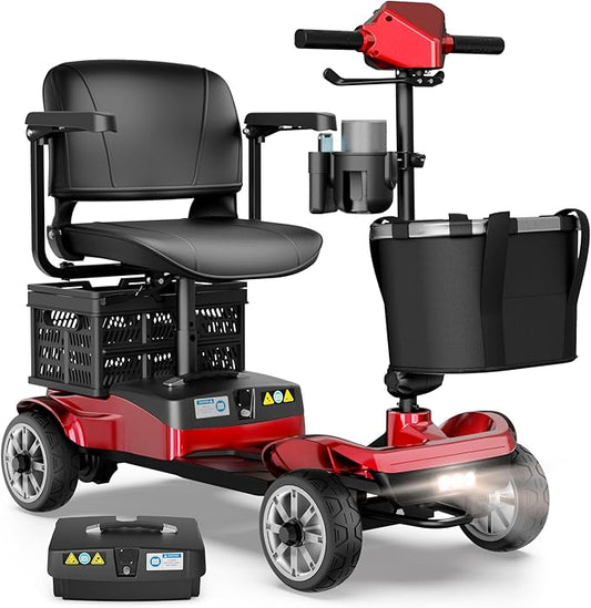 Mobility Scooter for Adults with Spare Battery – 24.8 Miles Total Range, 4-Wheel Foldable Portable Motorized Scooter, 330 lbs Capacity, Dual Baskets, Cup & Phone Holder, Red