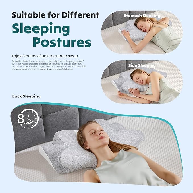 DUMOS Cervical Neck Pillow for Sleeping, Cooling Ergonomic Memory Foam Pillow with Arm Rest Slot and Ice Silk Pillowcase, Dual Height Orthopedic Support Contour for Side, Back, Stomach Sleepers
