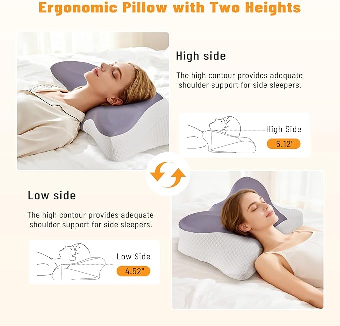 Cervical Neck Pillow Set of 2, Memory Foam Pillow for Neck Pain Relief, Ergonomic Bed Pillow with Neck Support for Side, Back & Stomach Sleepers, Queen, Dark Grey