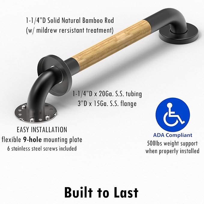 Safety Grab Bar for Bathroom & Toilet, Natural Bamboo Handle, ADA Compliant Balance Assist Handrail for Handicap and Seniors, 16in Matte Black