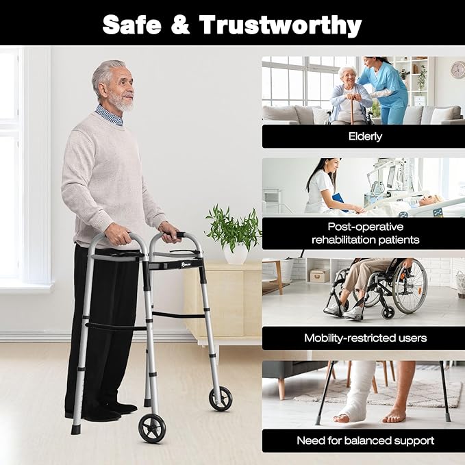 Whlicks Folding Walkers for Seniors,Aluminum Lightweight Walkers with Wheels, Adjustable Width and Height Front Wheel Walker for Elderly and Disabled, Supports up to 350 lbs