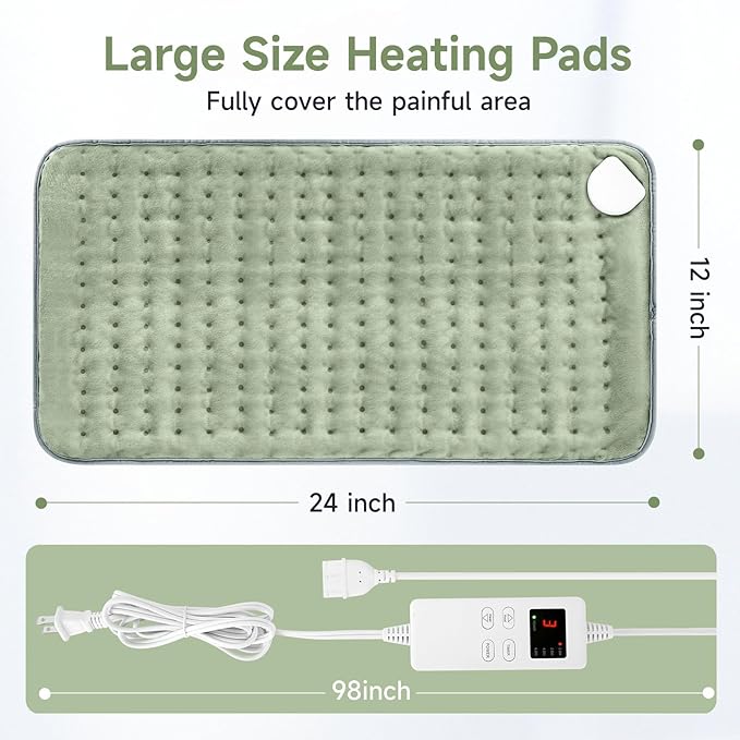 12"x24" Heating Pad for Back Pain Cramps Relief, Full Body Heating Pads Christmas Gift for Women Mom Dad, Heating Pad with 6 Heat Settings 4 Timer Machine Washable (Green)