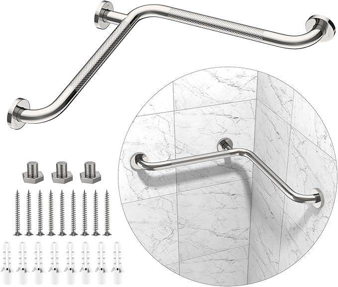 Angled Shower Grab Bar, Munzong Anti Slip Chrome Bathroom Grab Bar, L-Shaped Knurled Balance Bar, Safety Hand Rail Support Handicap Elderly Injury Senior Assist Bath Handle