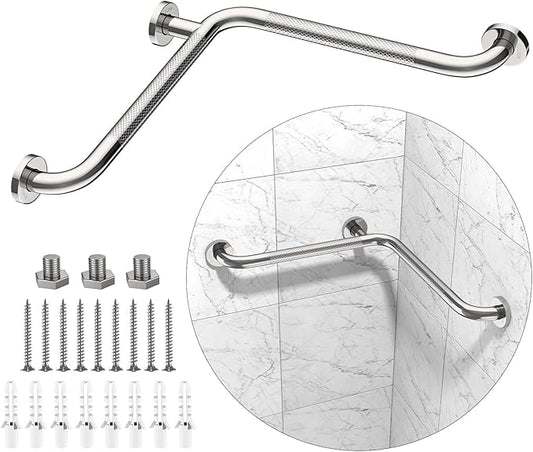 Angled Shower Grab Bar, Munzong Anti Slip Chrome Bathroom Grab Bar, L-Shaped Knurled Balance Bar, Safety Hand Rail Support Handicap Elderly Injury Senior Assist Bath Handle