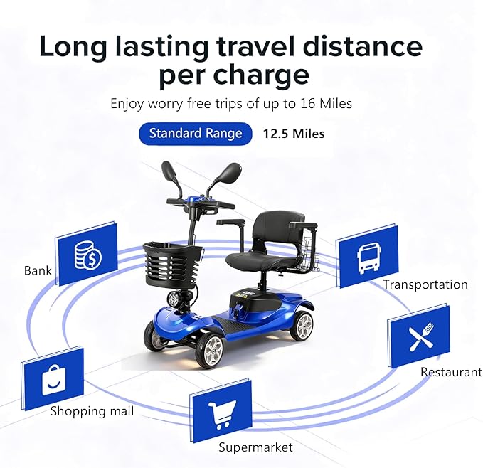 4 Wheel Compact Mobility Scooter for Seniors and Adults,Foldable Electric Scooter, Heavy Duty Travel Model with Lights, Basket, and Long-Lasting Battery210blue