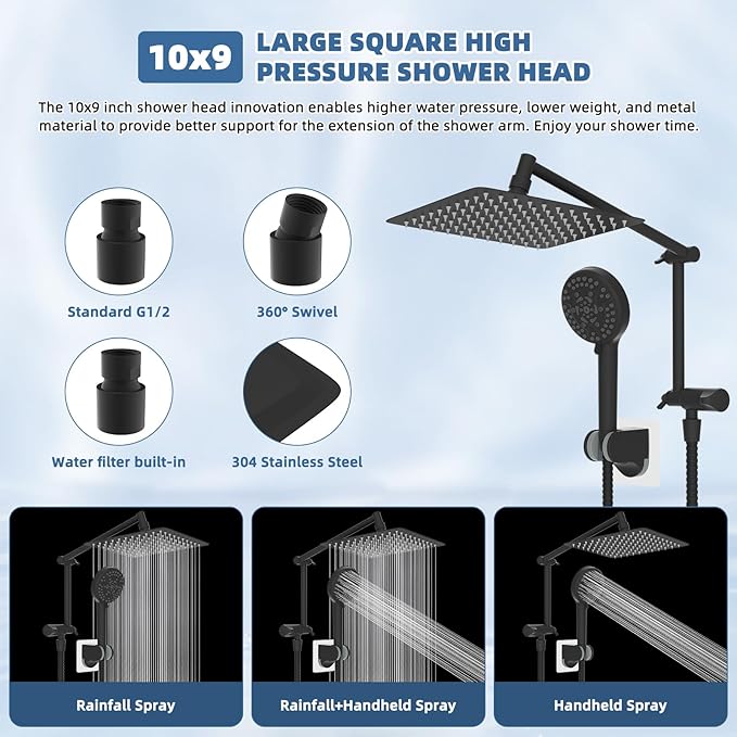 All Metal Rain Shower Head, 10” High Pressure Rainfall Shower Head with Handheld, 5" Large Handheld Showerhead Powerful Cleaning 10-Spray, 16" Shower Extension Arm Adjustable Height/Angle, Matte Black