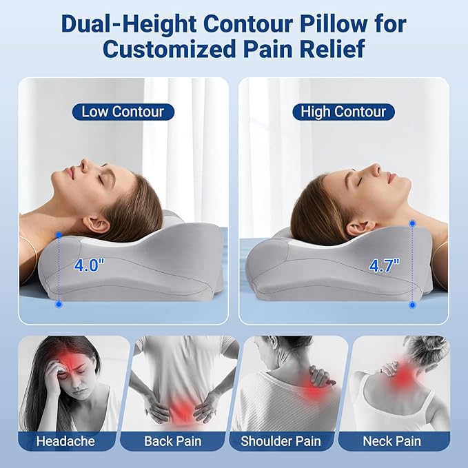 kingotto Cervical Neck Pillow for Pain Relief - Dual Height Adjustable & Ear Relief Design, Ergonomic Memory Foam Contour Pillow with Cooling Pillowcase, Side Sleeper for Back & Stomach Sleepers